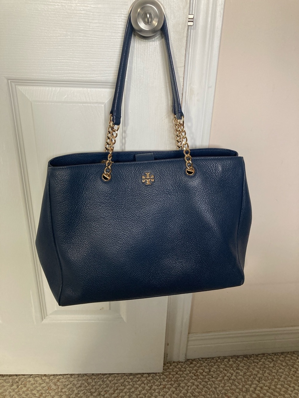 Tory Burch Dark Blue Pebbled Leather Chain-Handle Shoulder Tote